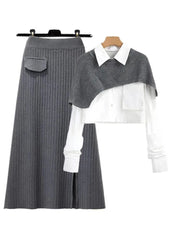 Three-piece Set featuring Knit Skirt, Blouse and Knit Shawl